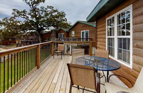 Indian Point Condo | 2BR Waterfront Duplex Cabin w/Pool + Swim & Boat dock