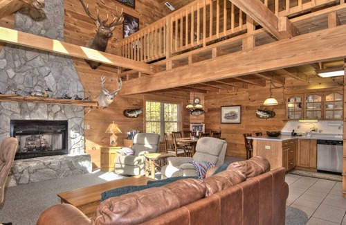 Maggie Valley Cabin | 3 BR 2 1/2 BA Log Home with Creekside View, Hot Tub, Game Room & Fire Pit!