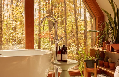 Lake Ariel Cabin | A-frame with beautiful soaker tub over looking the treesn