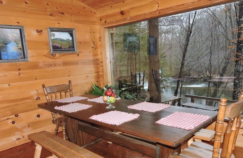 Cleveland Cabin | Beautiful mountain home with Hot tub, deck right up to riverfront.