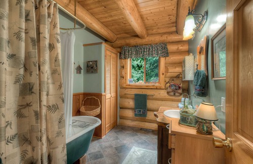 Gold Bar Cabin | Bonny Sky Lodge- private riverfront log cabin w/mountain view, hot tub, generator backup!