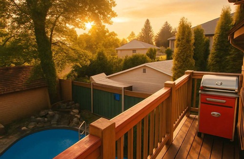 Saanich East Apartment | Charming "Melrose Place" w Pool, Deck & Grill