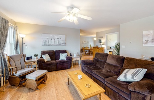Owls Head House | Comfy, one-level home with partial water view, deck, fast WiFi, grill, & W/D