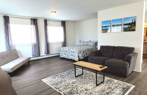 Sand Lake Apartment | Corner studio with full kitchen, 800 sq ft- Sunny views include Mt. Susitna
