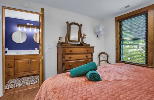 Skyland Cottage | Cozy stone Cottage Pet friendly on Rushing creek porch, soaking tub, & fire-pit