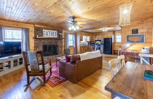 Almond House | Dog-friend mtn home near pond with private hot tub, fireplace, decks, & firepit