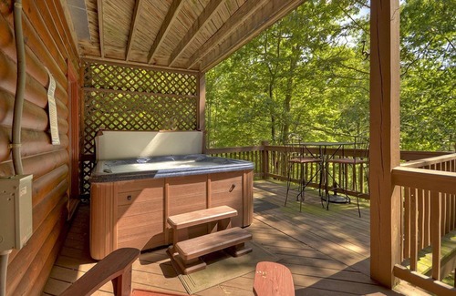 Walnut Mountain Cabin | Experience Lakeview Retreat, where pets are pampered by the shimmering waters. Unwind in a hot tub, enjoy WiFi, and a full game room w/pool table