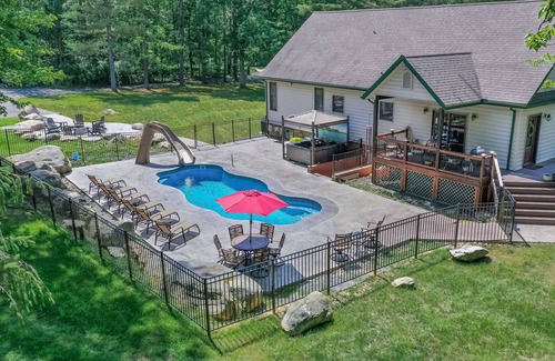 Oakland House | Fireside Fun: Outdoor Pool, Lake Access, Hot Tub, Basketball, & More
