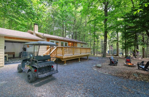 Pocono Lake Cabin | Golf Cart available. Dog-Friendly Cozy Cabin. Fireplace, Kayaks & Game Room.