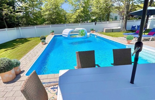 Hampton Bays House | Hamptons Poolside Retreat, Spacious Porch, Firepit & Pet Friendly Haven