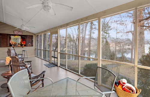 Lake Lure Cottage | Lakeview Lodge - Screened Porch with Lake View, Fire Pit, Fireplace, Dog Friendly