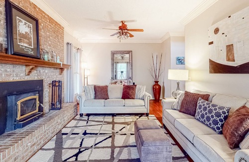 Leesville House | Large lakefront home with porch, private dock, fire pit, WiFi, & AC