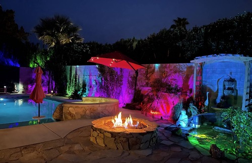 Desert Hot Springs House | Luxury Zen Retreat with Mineral Saltwater Pool, Spa, Koi pond & Views