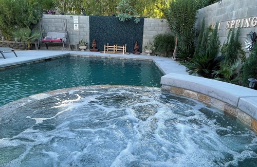Desert Hot Springs House | Luxury Zen Retreat with Mineral Saltwater Pool, Spa, Koi pond & Views