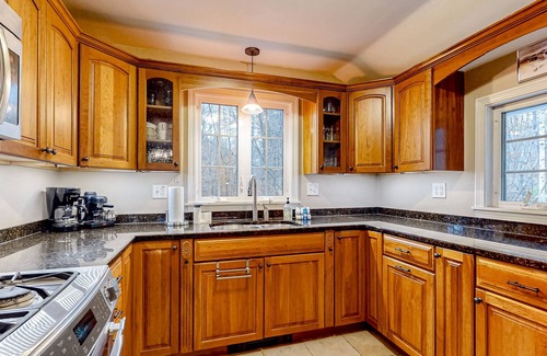 Perkinsville House | Magnificent mountain cottage with deck, firepit, W/D, wood stove, & water views