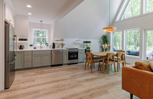 Albrightsville Cabin | Modern Luxury A-Frame in Woods w/Hot Tub, Sauna, Arcade, Gas Fireplace, Games