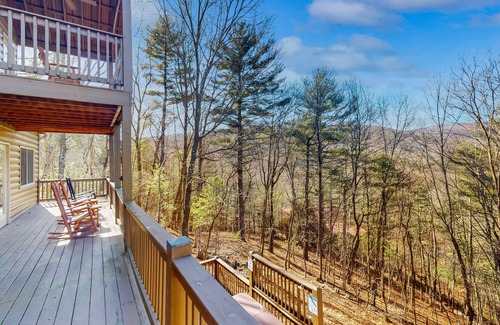 Cherry Log Cabin | Mountain view cabin with game tables, large deck, hot tub, fireplace, & AC