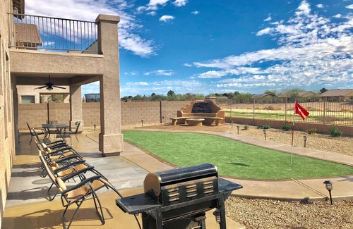 Maricopa House | Resort Home with 2 Pools, Putting Green, Fire-Pit, Water Feature, & Pergola.
