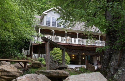 Sylva House | Riverfront home w/fireplace, porch, outdoor firepit, grill and picnic table
