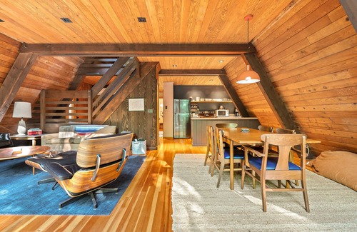 Rhododendron Cabin | Riverside A-frame in gated cabin community with private deck, woodstove, & W/D