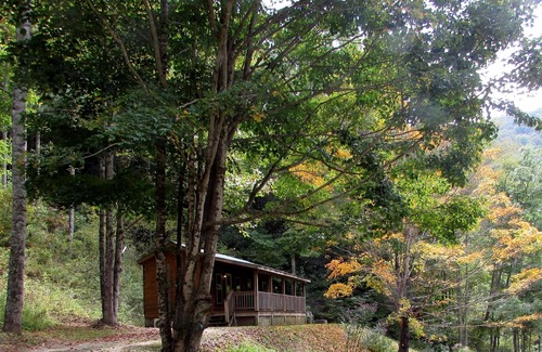 Hot Springs Cabin | Romantic Pet Log Cabin with hot tub, waterfall, wifi, gas grill, firepit creek