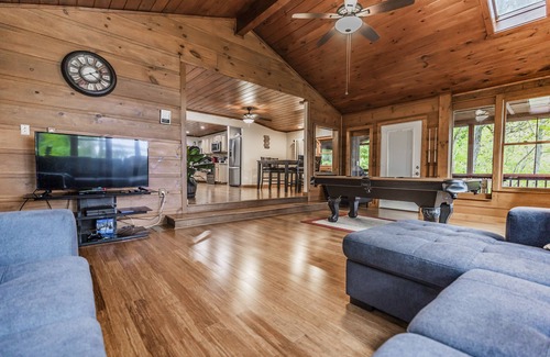 Sevierville Cabin | Rustic Lakefront Cabin near Smokies w/Hot Tub, Firepit, Pool Table + Views!