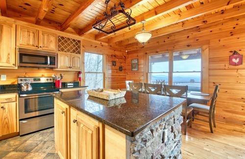 Lake Lure Cabin | Rustic mountain-view home with deck, fire pit, hot tub, fireplace, & game room
