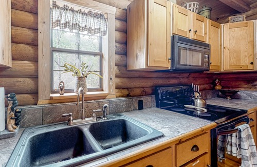 Tiger Cabin | Rustic retreat with mountain views, hot tub, grill, fireplace, central AC, & W/D