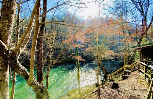 Gatlinburg - Pigeon Forge Cabin | Secluded Riverfront Cabin Sounds of the River Screened Porch Gazebo Hot Tub