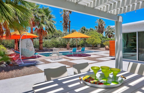 Racquet Club Estates House | Sunny, Private Mid-Century Modern Oasis with Saltwater Pool, Spa, Mountain Views