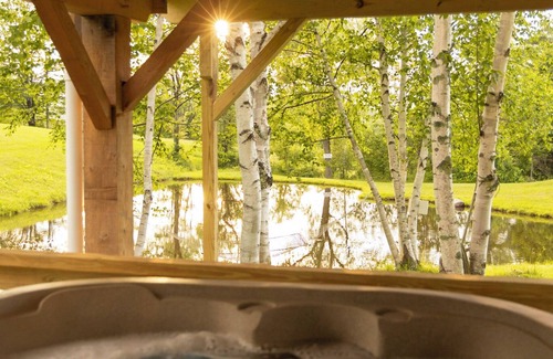 South Londonderry Cabin | Treehouse lifted up over a stocked trout pond up in the beautiful birch trees!