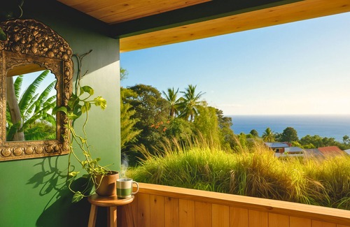 Papaaloa Cabin | Tropical Ocean View Cottage Couples & Solo Retreat, Farm Jungalow Cabin w/180° Sunrise & Ocean View