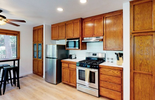 Crestline House | Updated home with central AC, W/D, wood stove, home office & high-speed WiFi