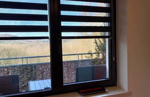 Friedrichroda Condo | Villa Warzenburg, apartment 2 with panoramic view, balcony and fireplace. Vacation with a dog.