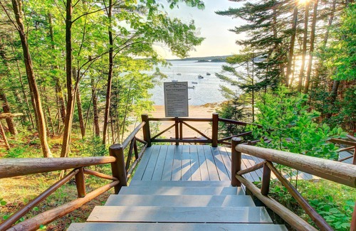 Boothbay Harbor Cabin | Vintage, Log Cabin in the Woods with Beach Club Access About One Mile Away
