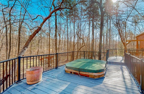Durham House | Woodland acreage with 60' deck on gurgling brook, pizza oven, rec area & library