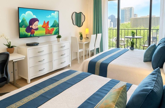1 Block to Beach! Waikiki Ocean View Large Studio with work space, 3 Beds