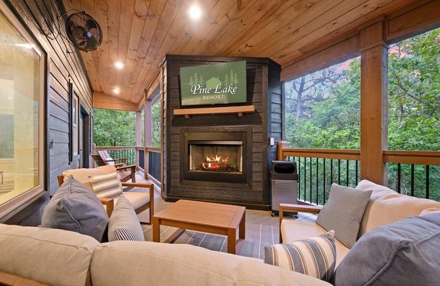 A private, bright, modern rustic cabin – surrounded by trees.