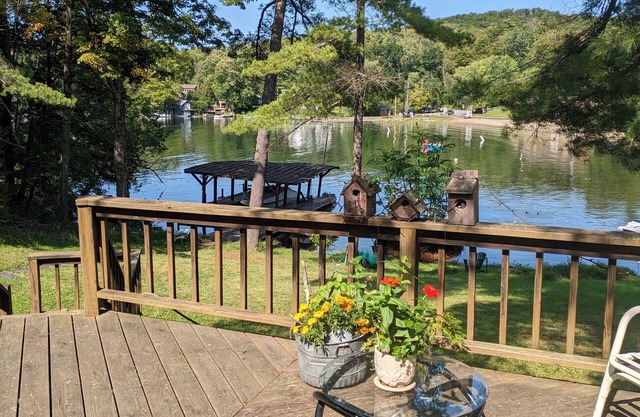 Direct lakefront cottage with wood burning fireplace in great room. Pet friendly
