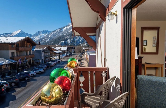 Enjoy easy walking access to all Leavenworth has to offer after a relaxing night in our King room with a cozy fireplace and Juliette balcony.
