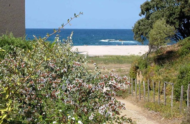 Garden level, with direct access to plage.Au quiet, equipped, air-conditioned.