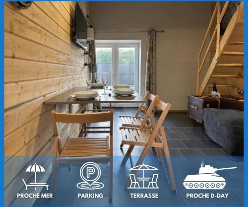 Hortansia apt rénové bien équipé avec terrasse aménagée jardin, parking privé, proche de la mer, près de Port en Bessin et Omaha Beach