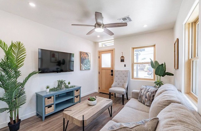 Located downtown this 1 bedroom 1 bathroom is fully remodeled with your own dedicated electric vehicle charger .