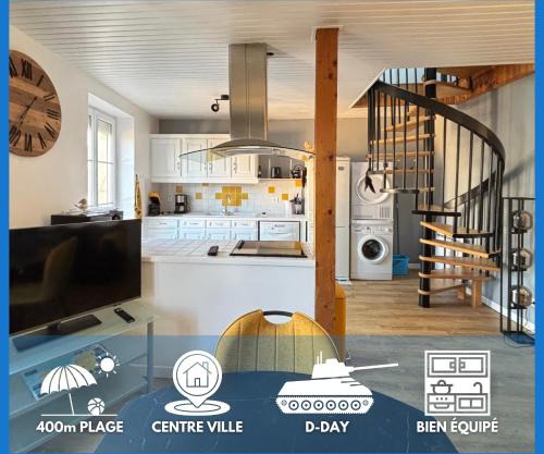 Mulberry duplex bien équipé 2 chambres petite vue sur mer plein centre d'Arromanches à 2 mn de la plage à pied et près de Bayeux au coeur des plages du débarquement