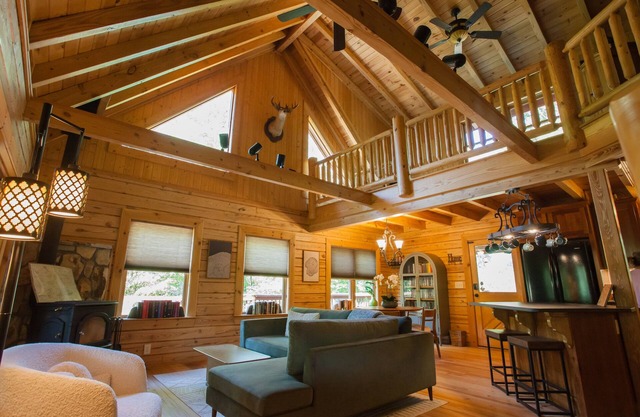 NEW! Perfect for Fall Weather! - Renovated Riverfront Log Cabin with Firepits
