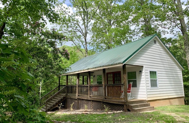 Pet-friendly cabin with covered porch, King bed, and laptop friendly workspace