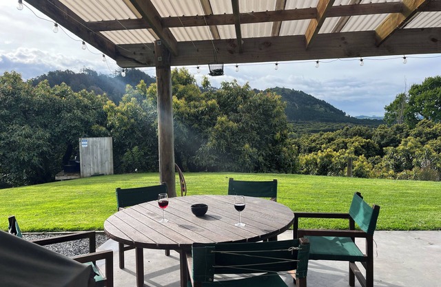 Private Bach in Waihi Beach with stunning orchard views and beyond. Pet-friendly