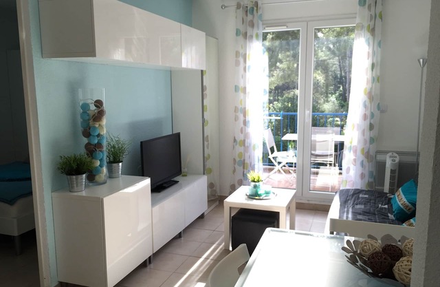 T2, 1 bedroom, 100 m from the beach, private swimming pool and parking, air conditioning, WIFI, linen included