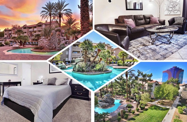 Upgraded Tropical Oasis! Heated Pool, Spa & Gym, Walk to Strip!
