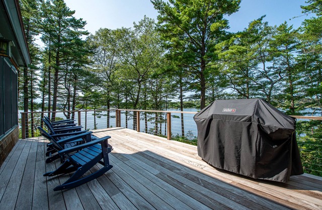 Windward Lodge, a stunning, private retreat on the Kennebec River. Seasonal dock